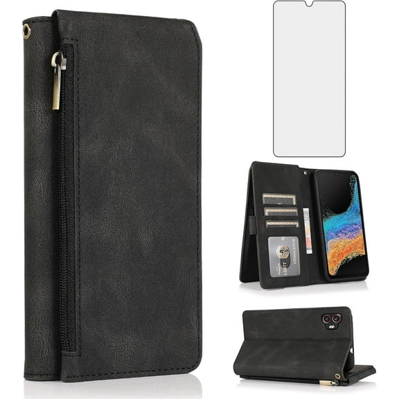 Asuwish Phone Case for Samsung Galaxy XCover 6 Pro/X Cover Pro 2 Wallet Mobile Cell Cover with Tempered Glass Screen Protector Flip Zipper Stand Card Holder Slot XCover6 6Pro 2022 Women Men Black