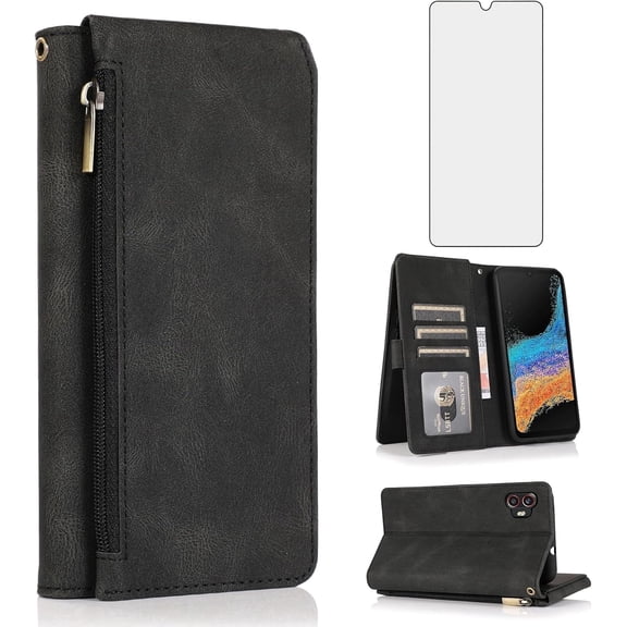 Asuwish Wallet Kickstand Hard Shell Cell Phone Case with Tempered Glass Screen Protector for Samsung Galaxy XCover6 Pro / XCover Pro 2, Black