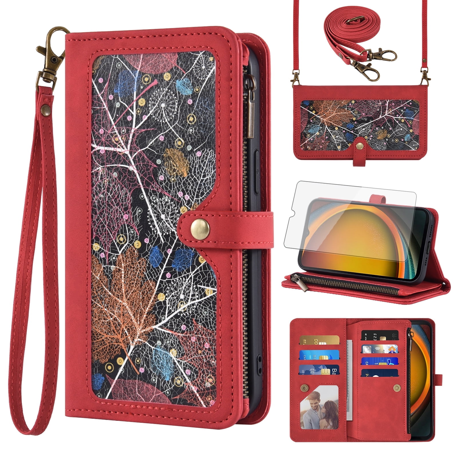 Asuwish Phone Case for Samsung Galaxy Xcover 7 Wallet Cover With Tempered Glass Screen Protector Crossbody Wrist Strap Flip Pattern Zipper Credit Card Holder Stand Slot Cell Xcover7 Women Men Red