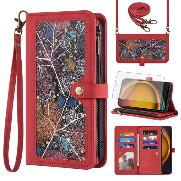Asuwish Phone Case for Samsung Galaxy Xcover 7 Wallet Cover With Tempered Glass Screen Protector Crossbody Wrist Strap Flip Pattern Zipper Credit Card Holder Stand Slot Cell Xcover7 Women Men Red