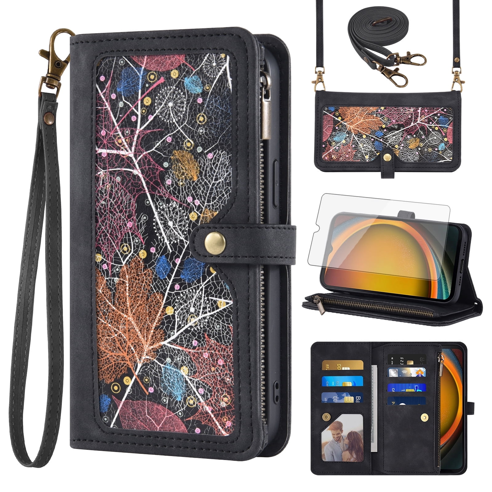 Asuwish Phone Case for Samsung Galaxy Xcover 7 Wallet Cover With Tempered Glass Screen Protector Crossbody Wrist Strap Flip Pattern Zipper Credit Card Holder Stand Slot Cell Xcover7 Women Men Black