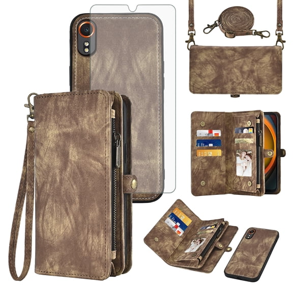 Asuwish Phone Case for Samsung Galaxy Xcover 7 Zipper Wallet Detachable Cell Cover with Tempered Glass Screen Protector Crossbody Lanyard Strap Flip Card Holder Slot Xcover7 Women Men Girls Brown