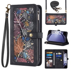 Asuwish Phone Case for Samsung Galaxy Z Fold 5 5G 2023 Wallet Cover Crossbody Wrist Strap Flip Pattern Zipper Card Holder Cell ZFold5 Z5 G Fold5 ZFold 5Z Men Black