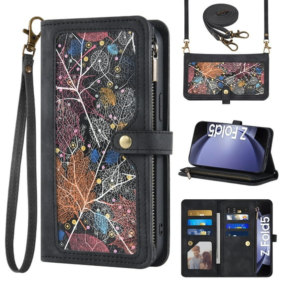 Asuwish Phone Case for Samsung Galaxy Z Fold 5 5G 2023 Wallet Cover Crossbody Wrist Strap Flip Pattern Zipper Card Holder Cell ZFold5 Z5 G Fold5 ZFold 5Z Men Black