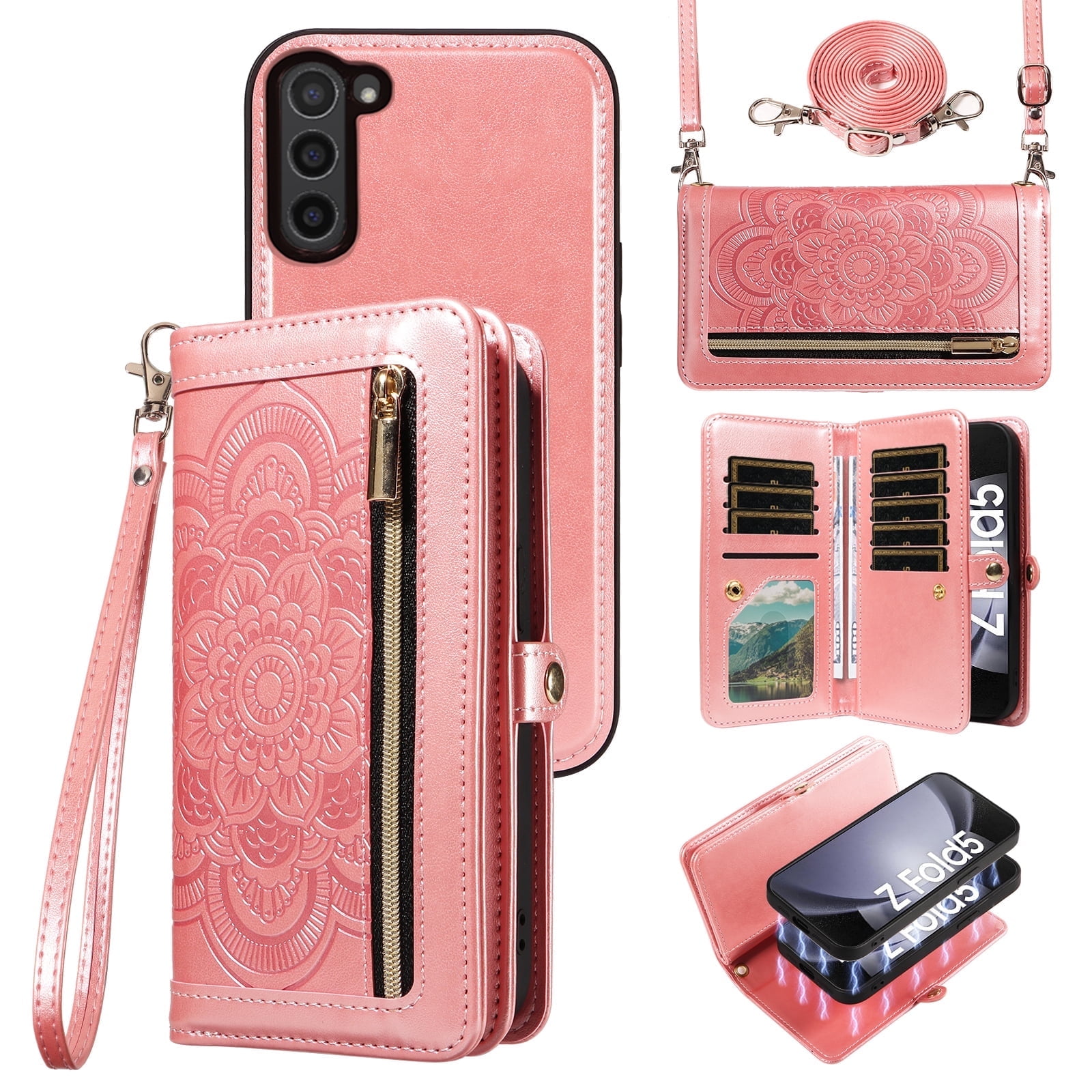 Asuwish Phone Case for Samsung Galaxy Z Fold 5 5G 2023 Zipper Wallet Cell Cover Crossbody Strap Flower Flip Card Holder ZFold5 Z5 G Fold5 ZFold 5Z Women Rose Gold