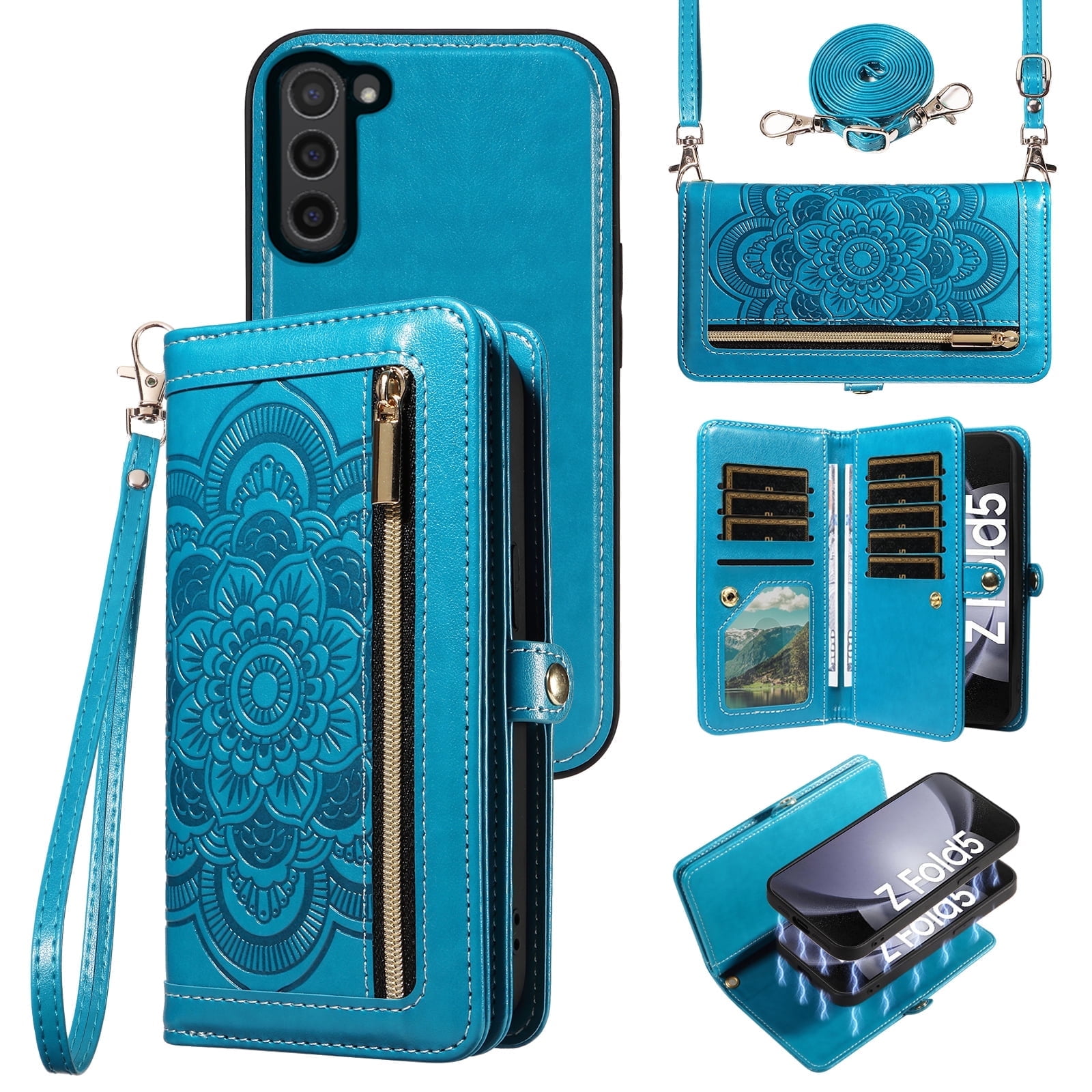 Asuwish Phone Case for Samsung Galaxy Z Fold 5 5G 2023 Zipper Wallet Cell Cover Crossbody Strap Flower Flip Card Holder ZFold5 Z5 G Fold5 ZFold 5Z Women Blue