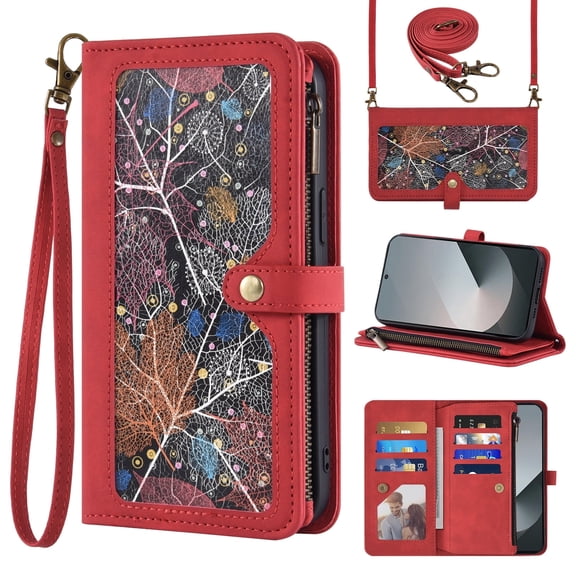 Asuwish Phone Case for Samsung Galaxy Z Fold 6 5G 2024 Wallet Cover Crossbody Wrist Strap Flip Pattern Zipper Card Holder Cell ZFold6 Z6 G Fold6 ZFold 6Z Men Red