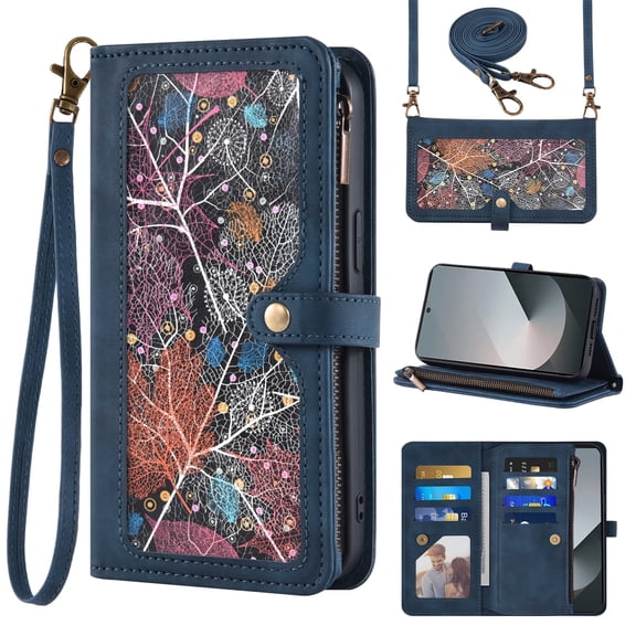 Asuwish Phone Case for Samsung Galaxy Z Fold 6 5G 2024 Wallet Cover Crossbody Wrist Strap Flip Pattern Zipper Card Holder Cell ZFold6 Z6 G Fold6 ZFold 6Z Men Blue