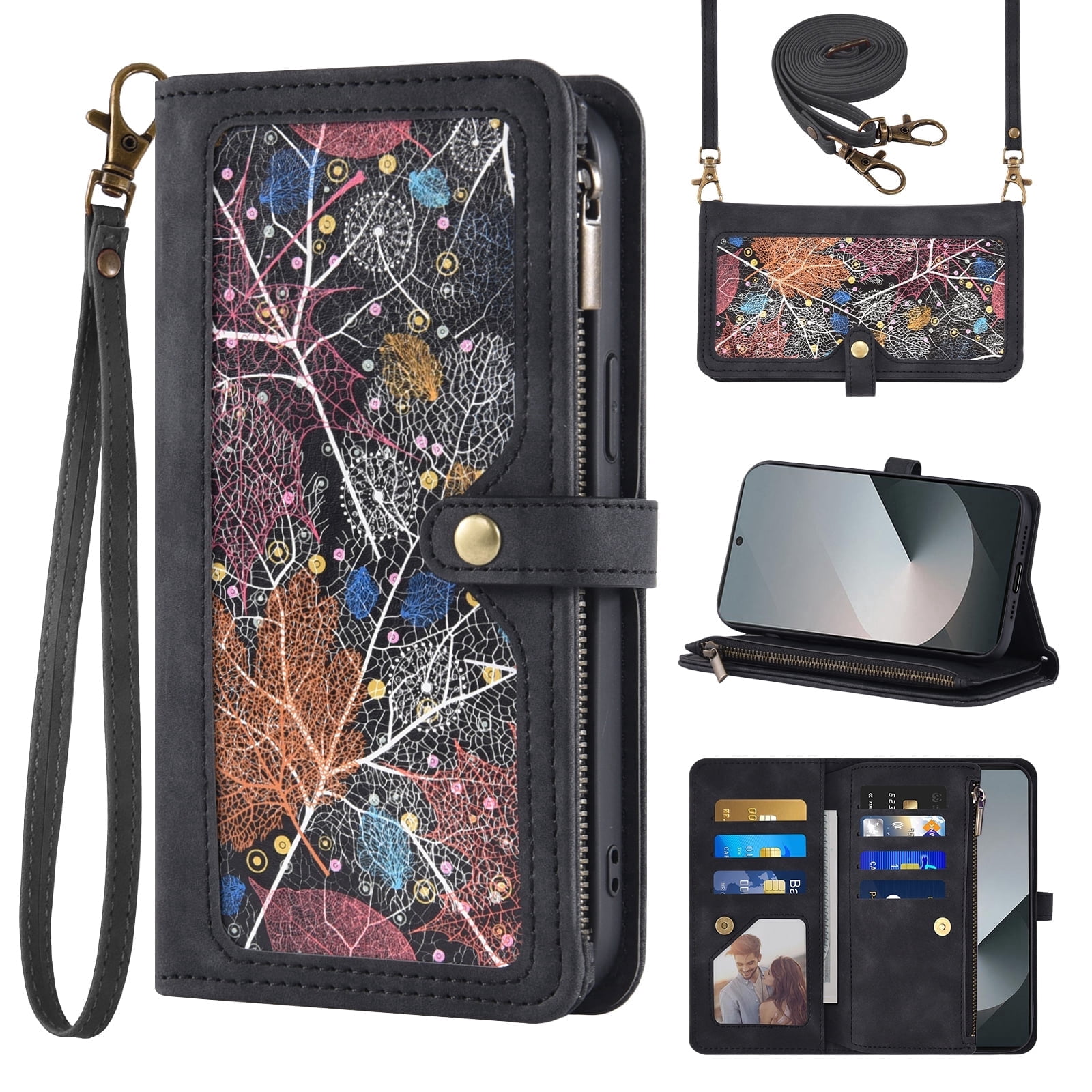 Asuwish Phone Case for Samsung Galaxy Z Fold 6 5G 2024 Wallet Cover Crossbody Wrist Strap Flip Pattern Zipper Card Holder Cell ZFold6 Z6 G Fold6 ZFold 6Z Men Black