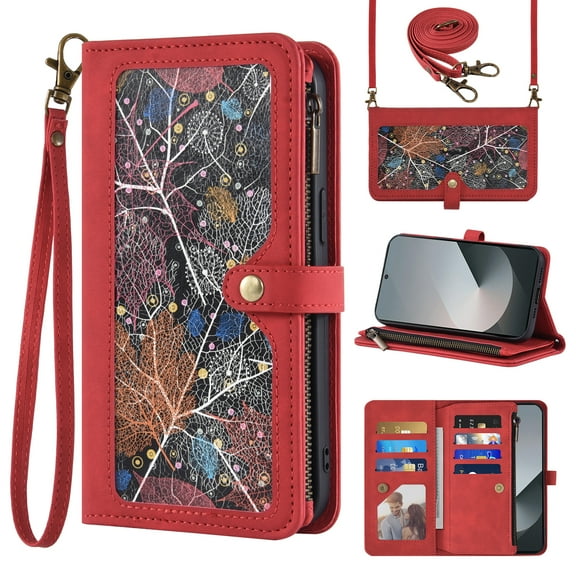 Asuwish Phone Case for Samsung Galaxy Z Fold 6 5G 2024 Wallet Cover Crossbody Wrist Strap Flip Pattern Zipper Card Holder Cell ZFold6 Z6 G Fold6 ZFold 6Z Men Red