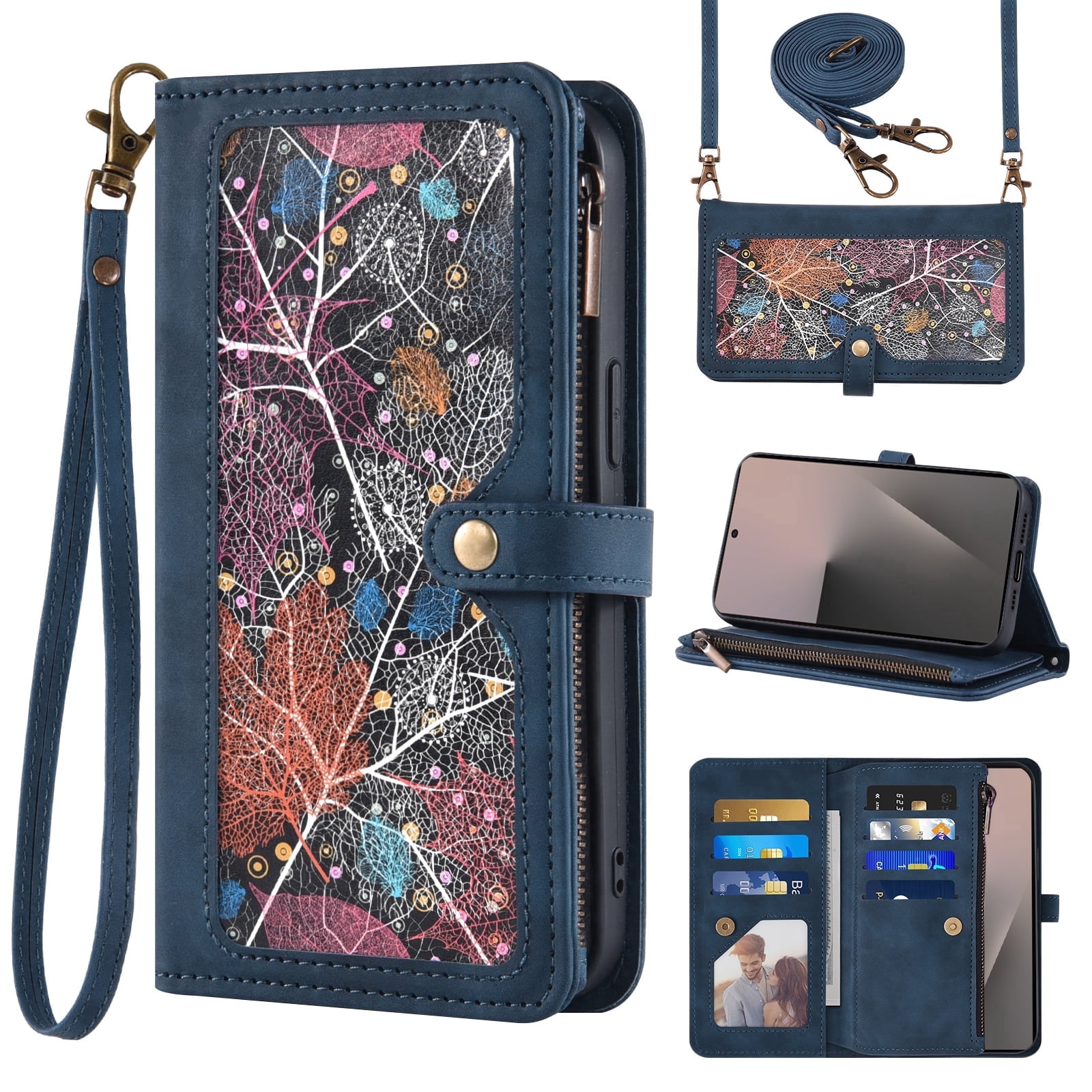 Asuwish Phone Case for Samsung Galaxy Z Fold 7 Wallet Cover Crossbody Wrist Strap Flip Pattern Zipper Credit Card Holder Stand Cell ZFold Z7 G Fold7 7Z Women Blue
