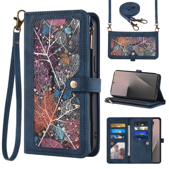 Asuwish Phone Case for Samsung Galaxy Z Fold 7 Wallet Cover Crossbody Wrist Strap Flip Pattern Zipper Credit Card Holder Stand Cell ZFold Z7 G Fold7 7Z Women Blue