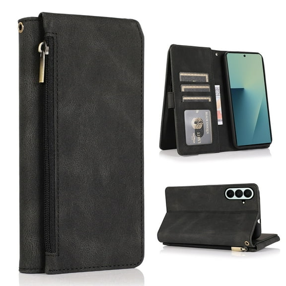 Asuwish Phone Case for Samsung Galaxy Z Fold 7 Wallet Cell Cover Flip Zipper Stand Card Holder Slot ZFold Z7 G Fold7 7Z Women Men Black