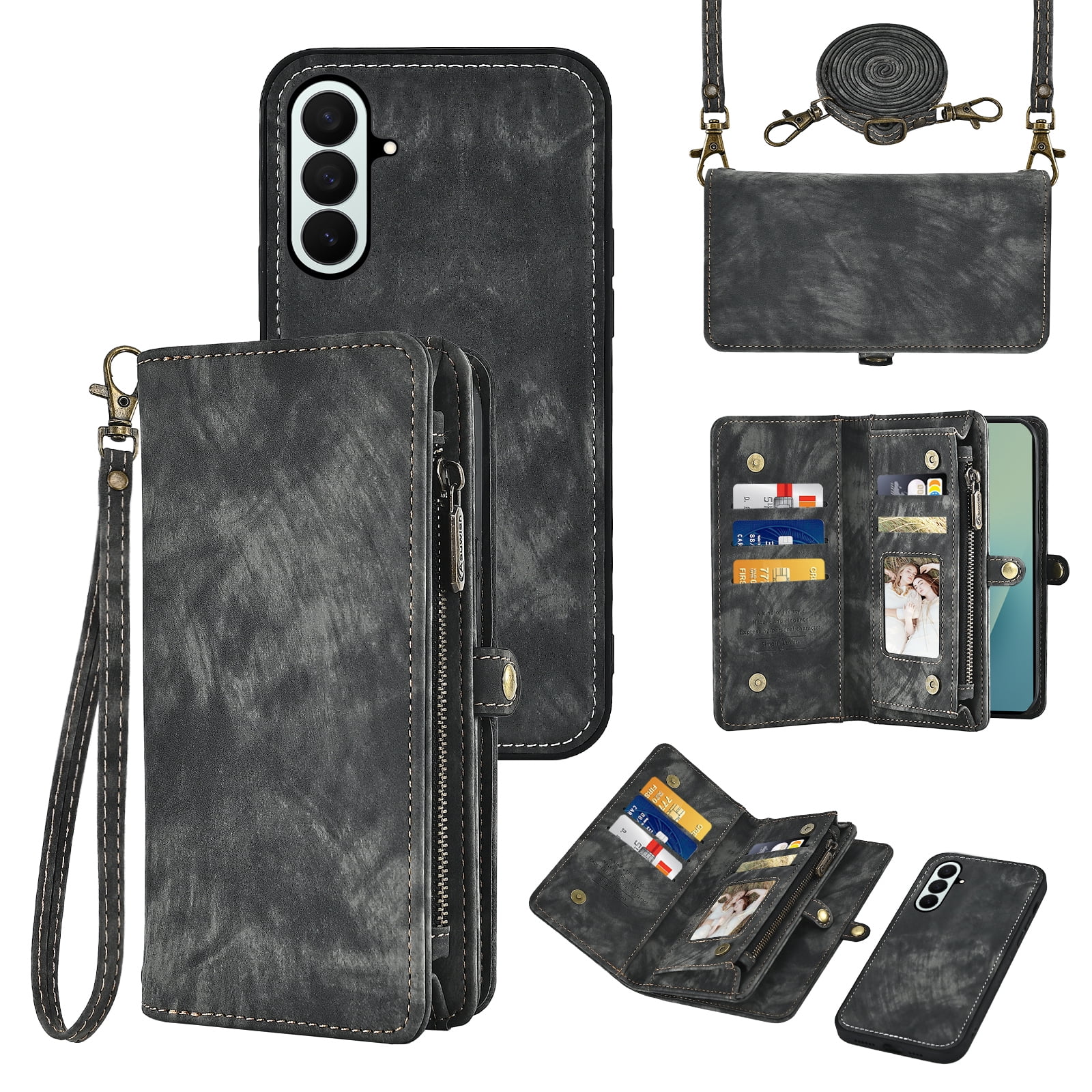Asuwish Phone Case for Samsung Galaxy Z Fold 7 Zipper Wallet Detachable Cell Cover Crossbody Lanyard Strap Flip Card Holder ZFold Z7 G Fold7 7Z Women Girls Black