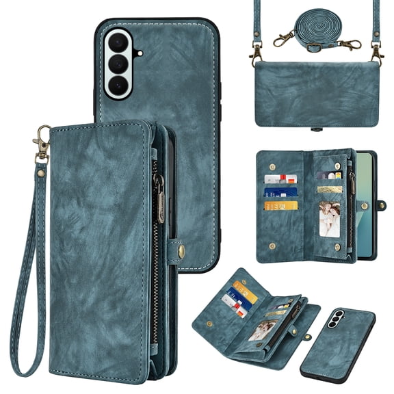 Asuwish Phone Case for Samsung Galaxy Z Fold 7 Zipper Wallet Detachable Cell Cover Crossbody Lanyard Strap Flip Card Holder ZFold Z7 G Fold7 7Z Women Girls Blue