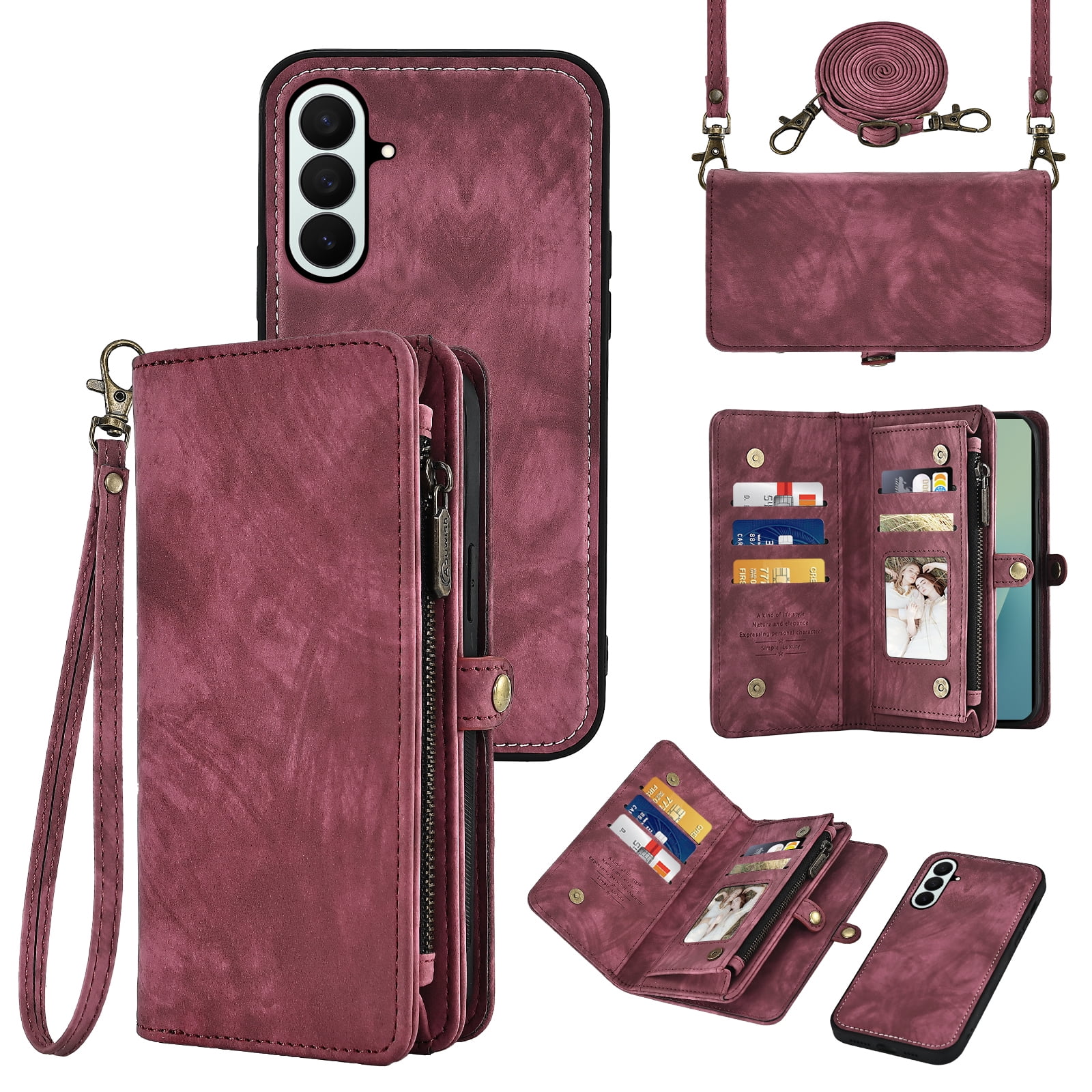 Asuwish Phone Case for Samsung Galaxy Z Fold 7 Zipper Wallet Detachable Cell Cover Crossbody Lanyard Strap Flip Card Holder ZFold Z7 G Fold7 7Z Women Girls Red