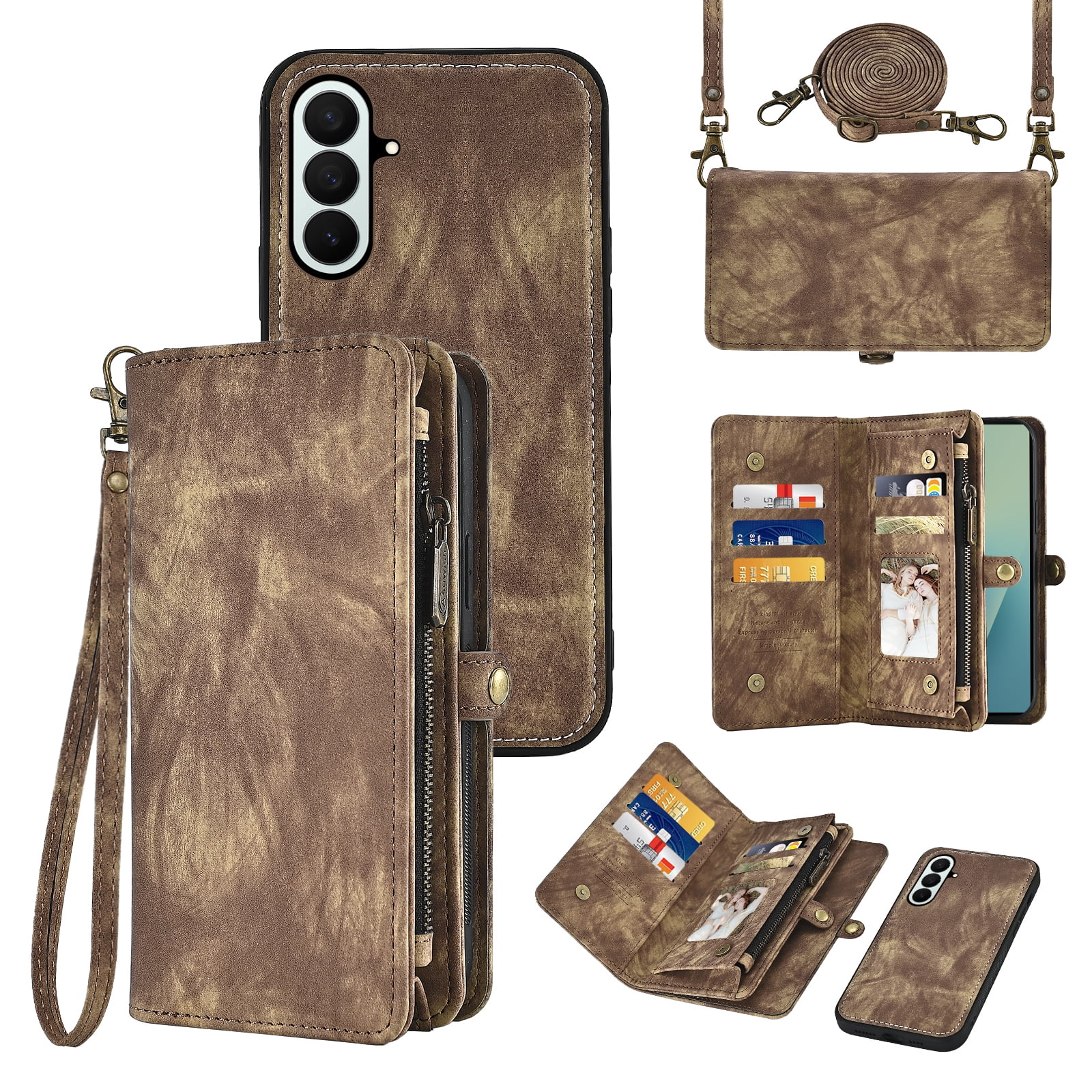 Asuwish Phone Case for Samsung Galaxy Z Fold 7 Zipper Wallet Detachable Cell Cover Crossbody Lanyard Strap Flip Card Holder ZFold Z7 G Fold7 7Z Women Girls Brown