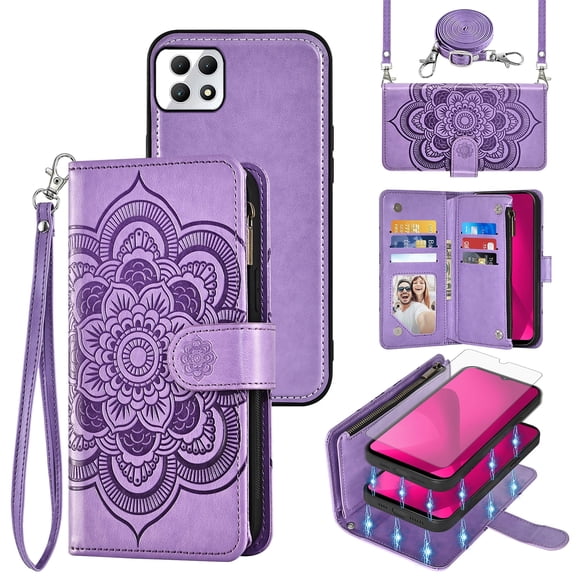 Asuwish Phone Case for T-Mobile Revvl 7 5G Zipper Wallet Magnetic Detachable Cell Cover with Tempered Glass Screen Protector Crossbody Strap Flower Card Holder Slot Tmobile Revvl7 Rebel Women Purple