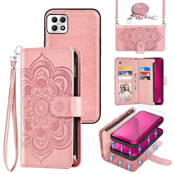 Asuwish Phone Case for T-Mobile Revvl 7 5G Zipper Wallet Magnetic Detachable Cell Cover with Tempered Glass Screen Protector Crossbody Strap Flower Card Holder Slot Tmobile Revvl7 Rebel Women Pink