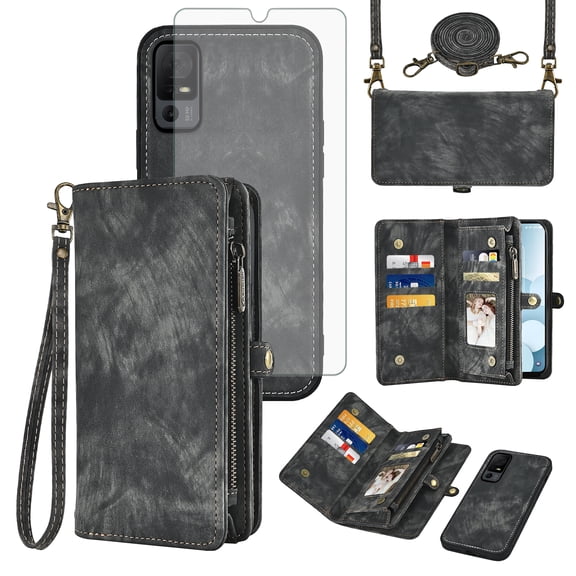 Asuwish Phone Case for TCL 40 XL/40T 2023 Zipper Wallet Detachable Cell Cover with Tempered Glass Screen Protector Crossbody Lanyard Strap Flip Card Holder TCL40XL 40XL 5G T608M T608DL Women Black