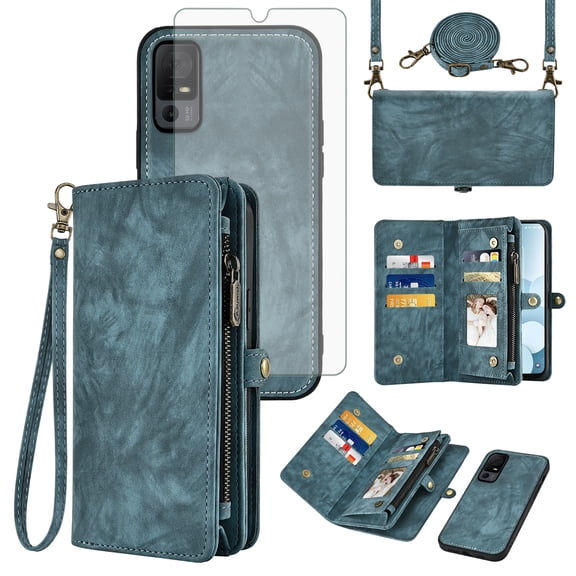 Asuwish Phone Case for TCL 40 XL/40T 2023 Zipper Wallet Detachable Cell Cover with Tempered Glass Screen Protector Crossbody Lanyard Strap Flip Card Holder TCL40XL 40XL 5G T608M T608DL Women Men Blue