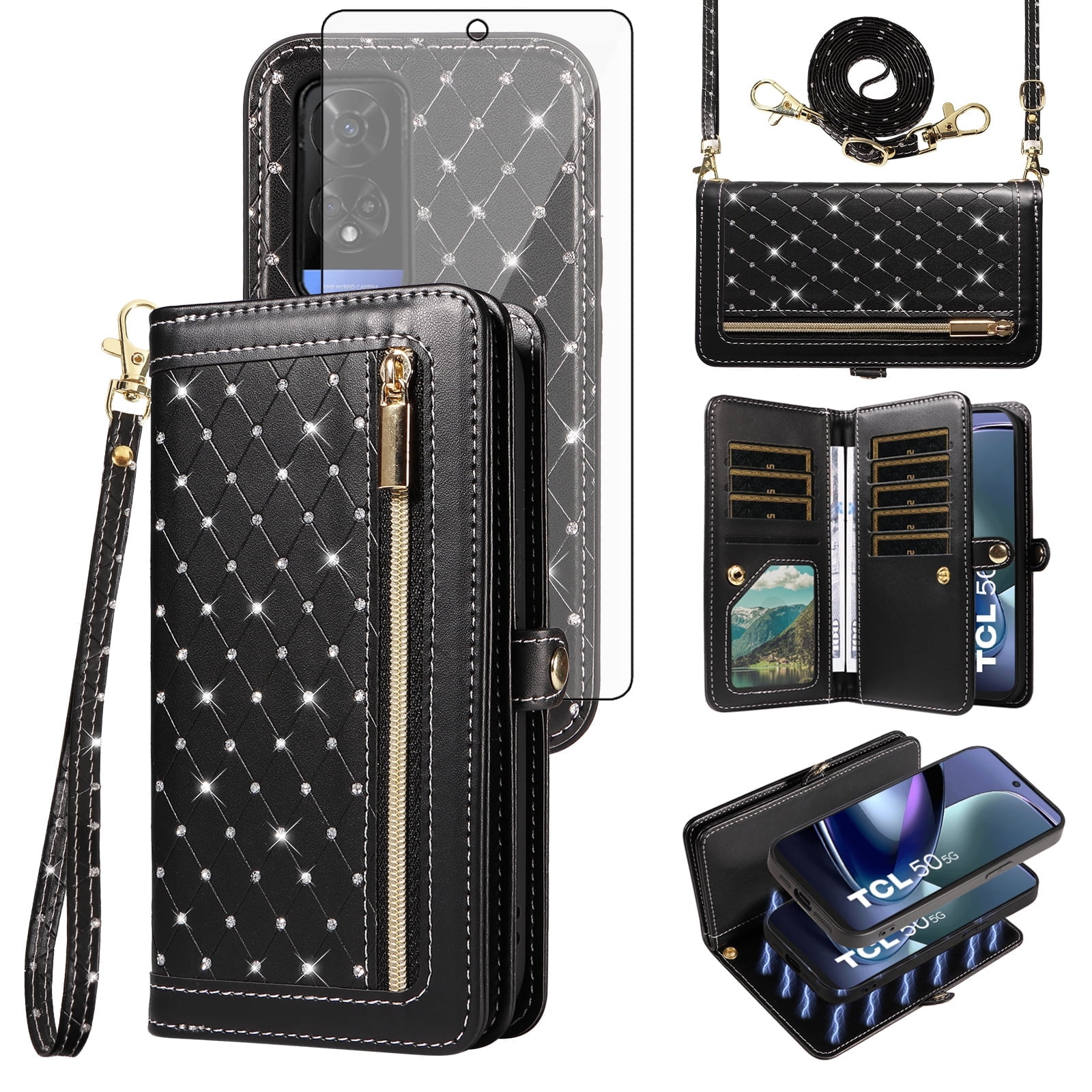 Asuwish Phone Case for TCL 50 5G/50 XE NXTPAPER/50 XE 5G Zipper Wallet Detachable Cell Cover with Tempered Glass Screen Protector Crossbody Lanyard Strap Glitter Flip Card Holder Slot Women Black
