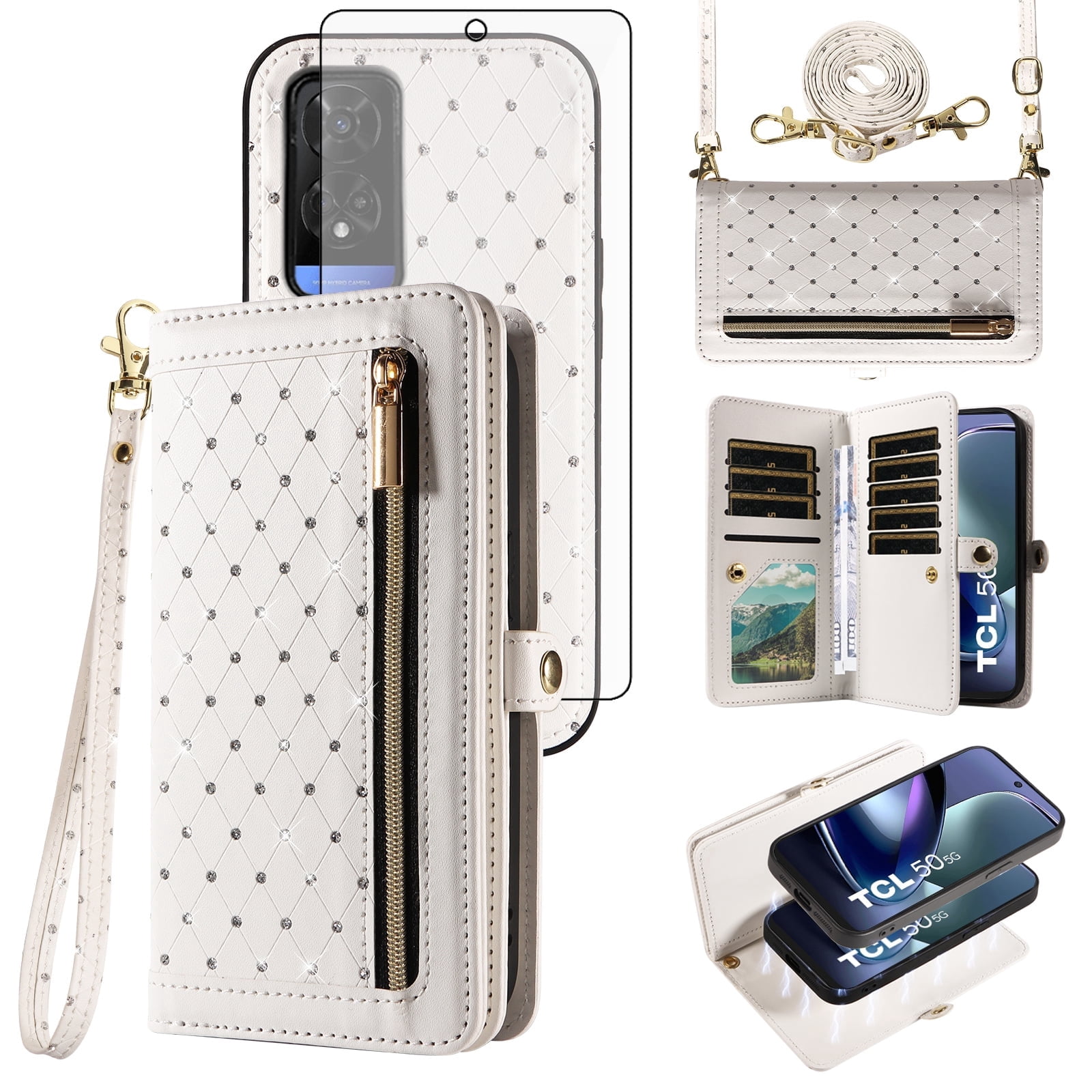 Asuwish Phone Case for TCL 50 5G/50 XE NXTPAPER/50 XE 5G Zipper Wallet Detachable Cell Cover with Tempered Glass Screen Protector Crossbody Lanyard Strap Glitter Flip Card Holder Slot Women White