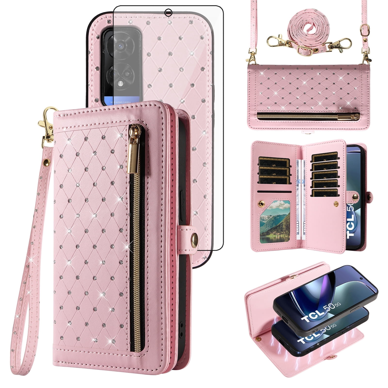 Asuwish Phone Case for TCL 50 5G/50 XE NXTPAPER/50 XE 5G Zipper Wallet Detachable Cell Cover with Tempered Glass Screen Protector Crossbody Lanyard Strap Glitter Flip Card Holder Slot Women Pink