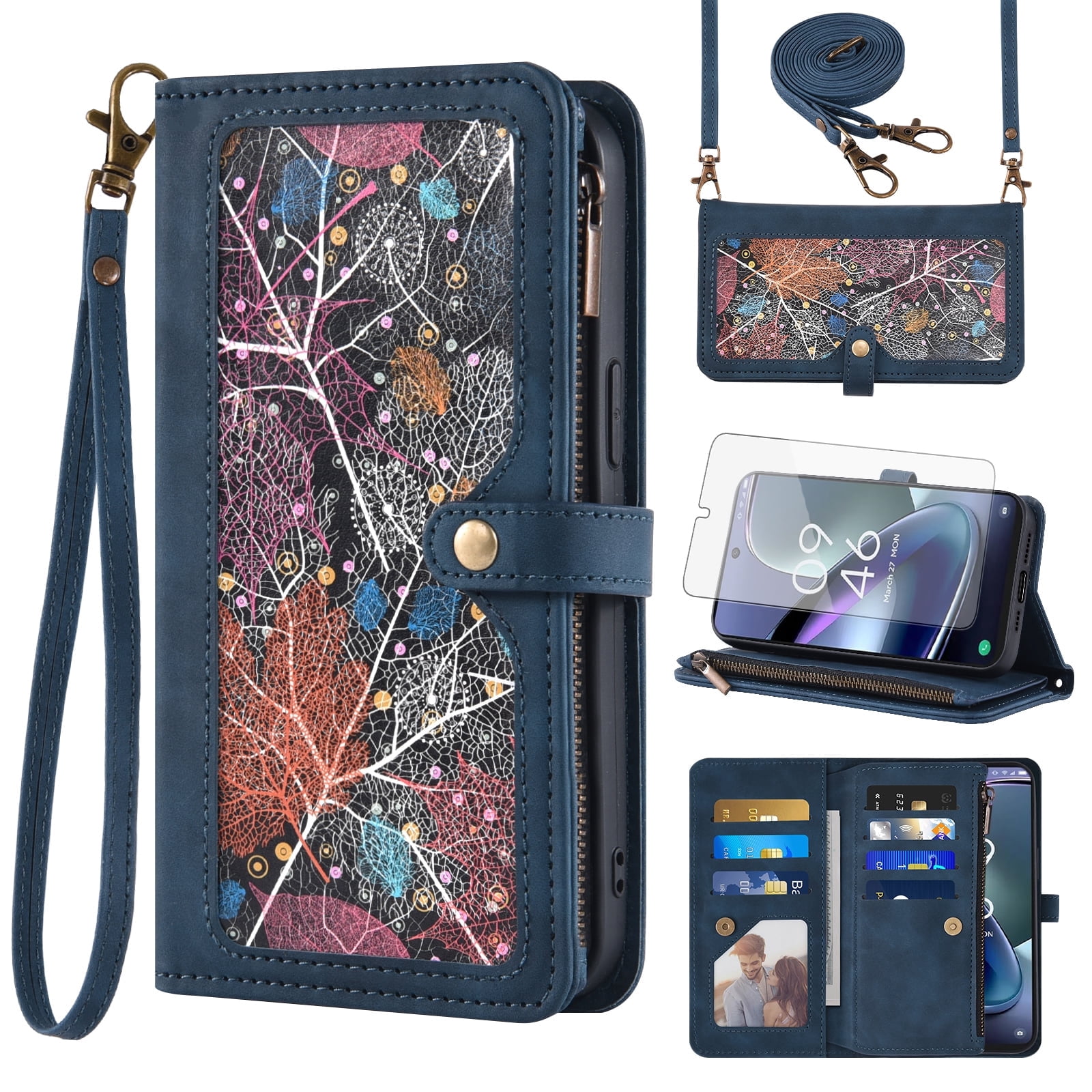Asuwish Phone Case for TCL 50 XL 5G Wallet Cover With Tempered Glass Screen Protector Crossbody Wrist Strap Flip Pattern Zipper Credit Card Holder Stand Slot Cell TCL50XL 50XL T702W Women Men Blue