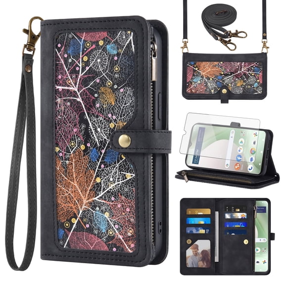 Asuwish Phone Case for Tracfone BLU View 5 B160V Wallet Cover With Tempered Glass Screen Protector Crossbody Wrist Strap Flip Pattern Zipper Card Holder Cell Trac Fone BLUE View5 160V 2024 Men Black