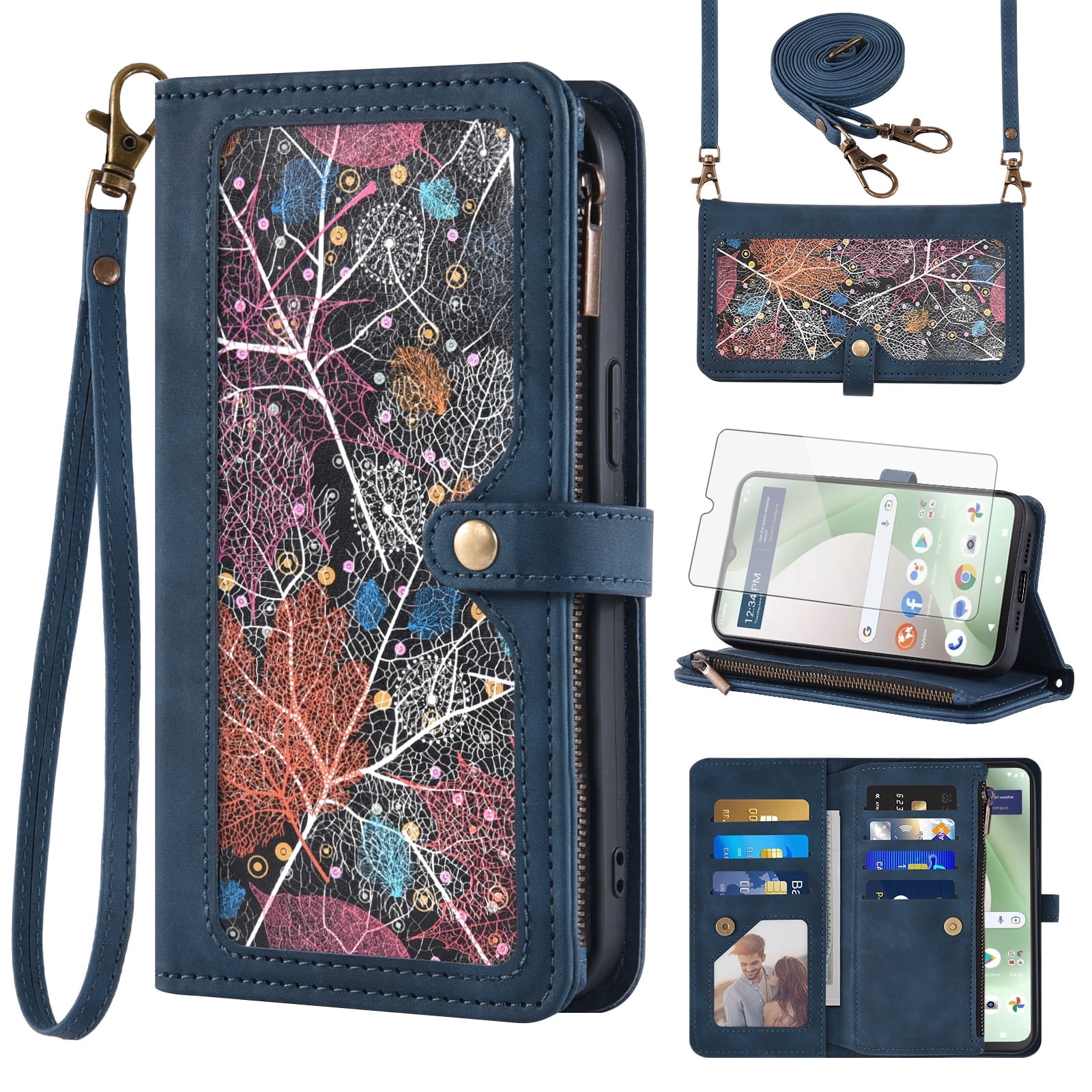 Asuwish Phone Case for Tracfone BLU View 5 B160V Wallet Cover With Tempered Glass Screen Protector Crossbody Wrist Strap Flip Pattern Zipper Card Holder Cell Trac Fone BLUE View5 160V 2024 Women Blue