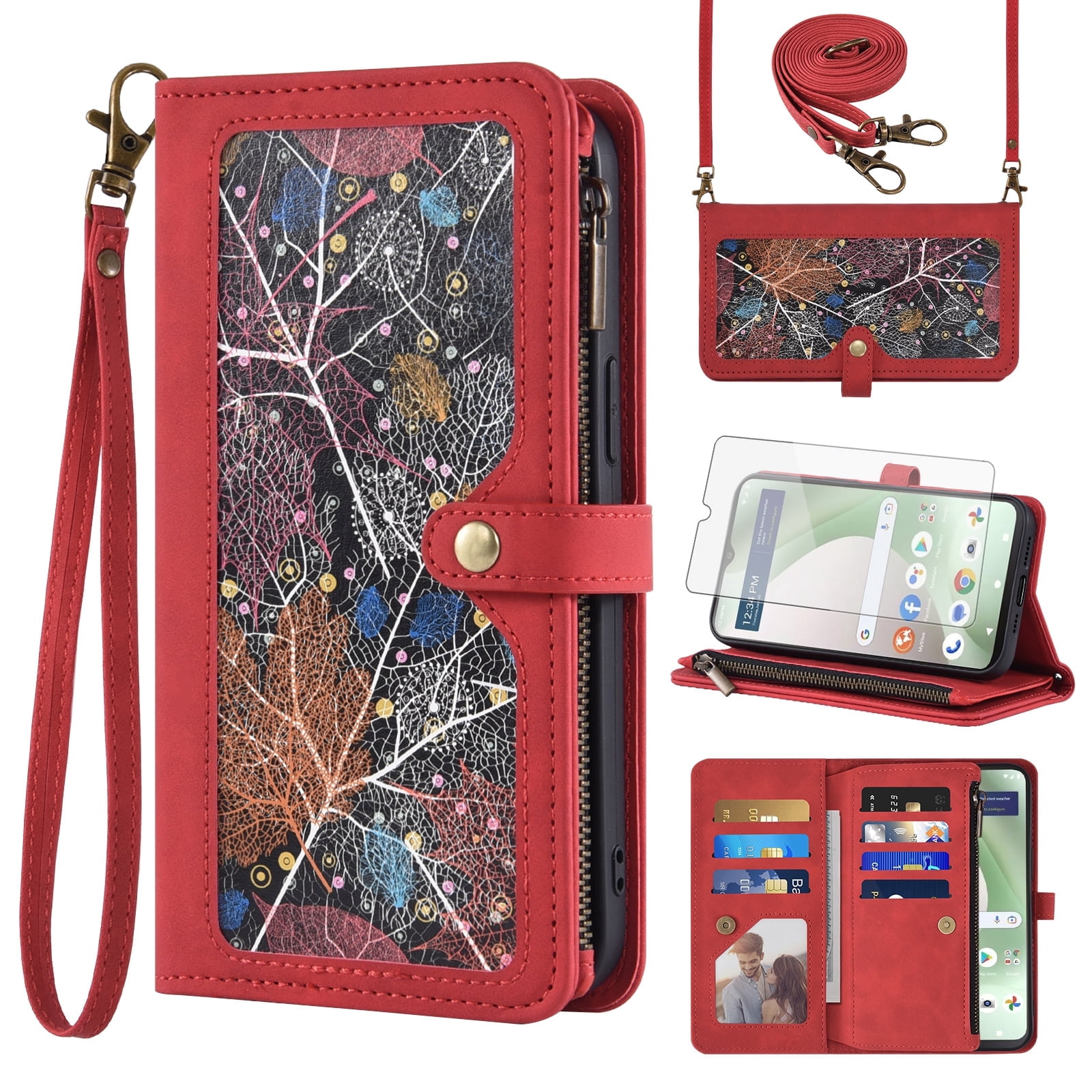 Asuwish Phone Case for Tracfone BLU View 5 B160V Wallet Cover With Tempered Glass Screen Protector Crossbody Wrist Strap Flip Pattern Zipper Credit Card Holder Cell Trac Fone BLUE View5 160V 2024 Red