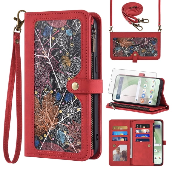 Asuwish Phone Case for Tracfone BLU View 5 B160V Wallet Cover With Tempered Glass Screen Protector Crossbody Wrist Strap Flip Pattern Zipper Credit Card Holder Cell Trac Fone BLUE View5 160V 2024 Red