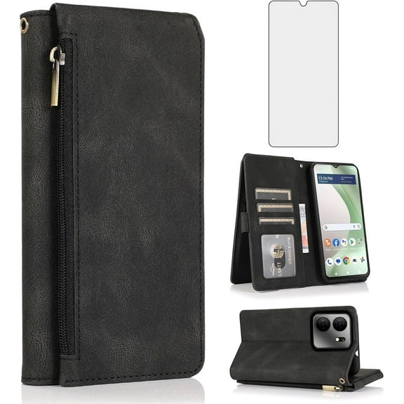 Asuwish Phone Case for Tracfone BLU View 5 B160V Wallet Mobile Credit Cell Cover with Tempered Glass Screen Protector Flip Zipper Stand Card Holder Slot Trac Fone BLUE View5 160V 2024 Women Men Black