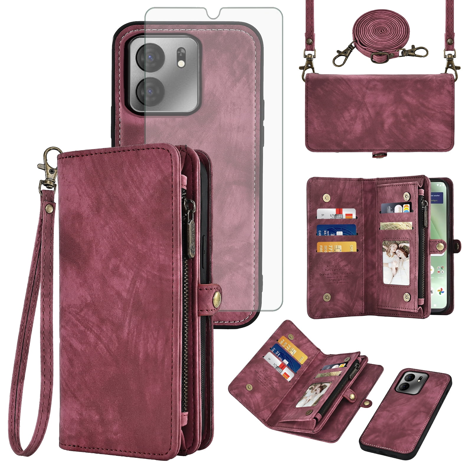 Asuwish Phone Case for Tracfone BLU View 5 B160V Zipper Wallet Detachable Cell Cover with Tempered Glass Screen Protector Crossbody Strap Flip Card Holder Trac Fone BLUE View5 160V 2024 Women Men Red