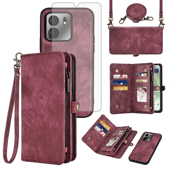 Asuwish Phone Case for Tracfone BLU View 5 B160V Zipper Wallet Detachable Cell Cover with Tempered Glass Screen Protector Crossbody Strap Flip Card Holder Trac Fone BLUE View5 160V 2024 Women Men Red