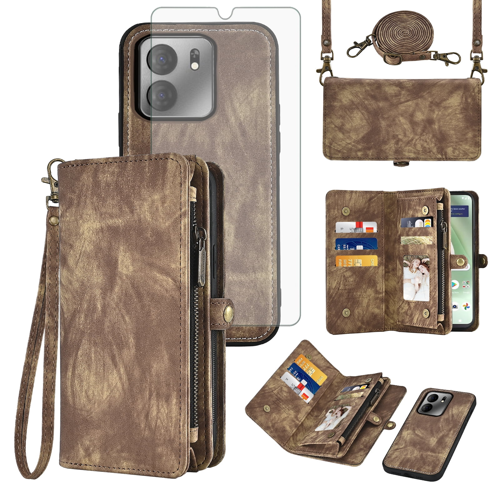 Asuwish Phone Case for Tracfone BLU View 5 B160V Zipper Wallet Detachable Cell Cover with Tempered Glass Screen Protector Crossbody Strap Flip Card Holder Trac Fone BLUE View5 160V 2024 Women Brown