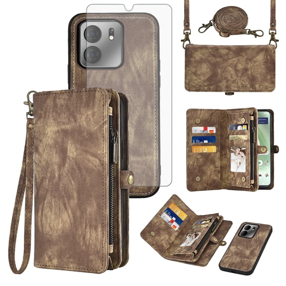Asuwish Phone Case for Tracfone BLU View 5 B160V Zipper Wallet Detachable Cell Cover with Tempered Glass Screen Protector Crossbody Strap Flip Card Holder Trac Fone BLUE View5 160V 2024 Women Brown