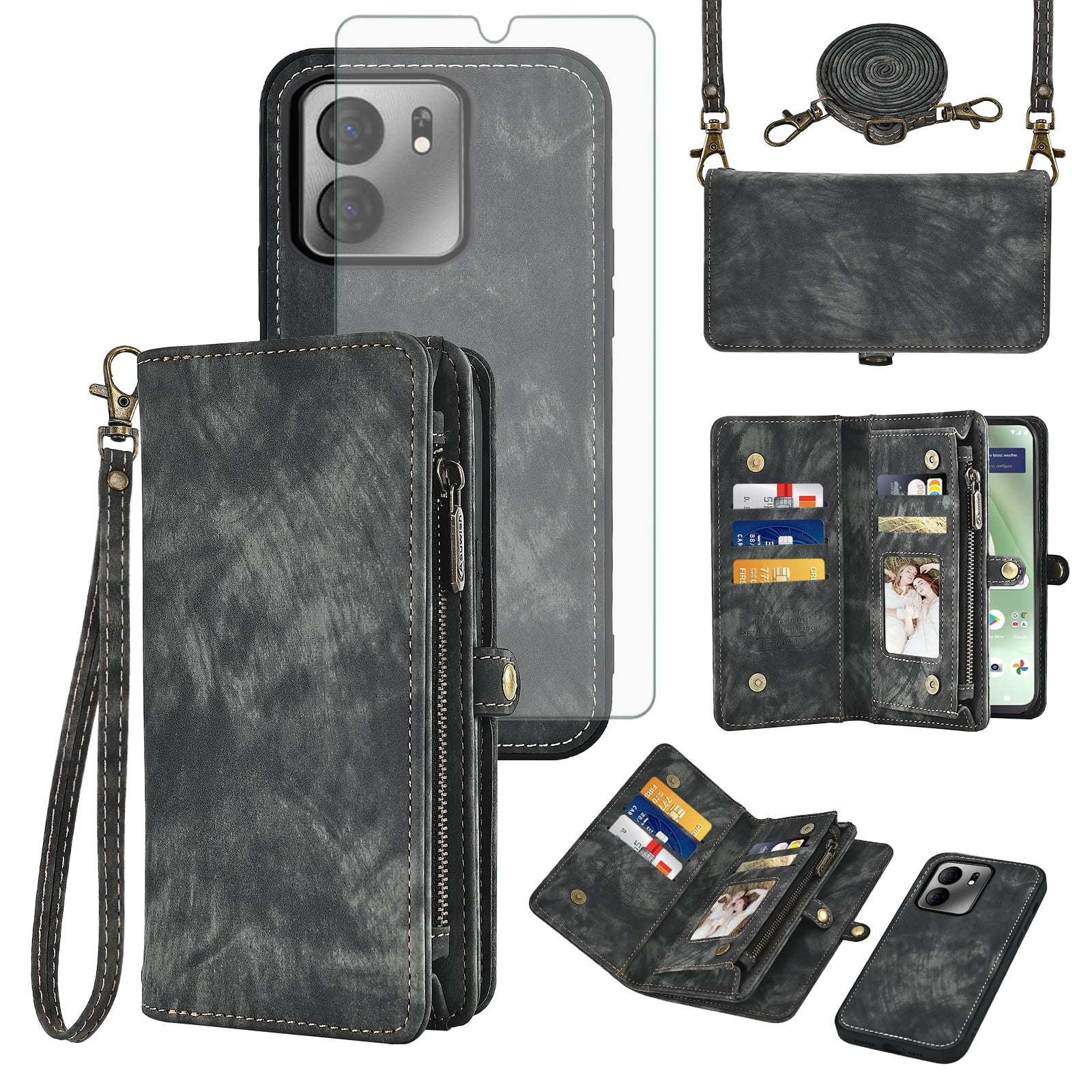Asuwish Phone Case for Tracfone BLU View 5 B160V Zipper Wallet Detachable Cell Cover with Tempered Glass Screen Protector Crossbody Strap Flip Card Holder Trac Fone BLUE View5 160V 2024 Women Black