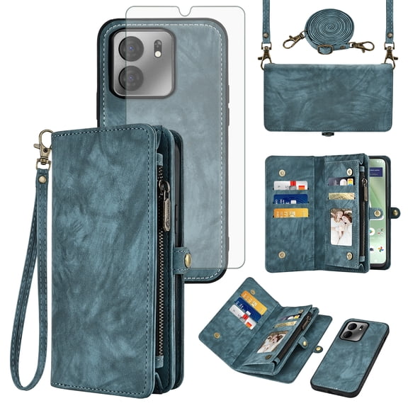 Asuwish Phone Case for Tracfone BLU View 5 B160V Zipper Wallet Detachable Cell Cover with Tempered Glass Screen Protector Crossbody Strap Flip Card Holder Trac Fone BLUE View5 160V 2024 Women Blue