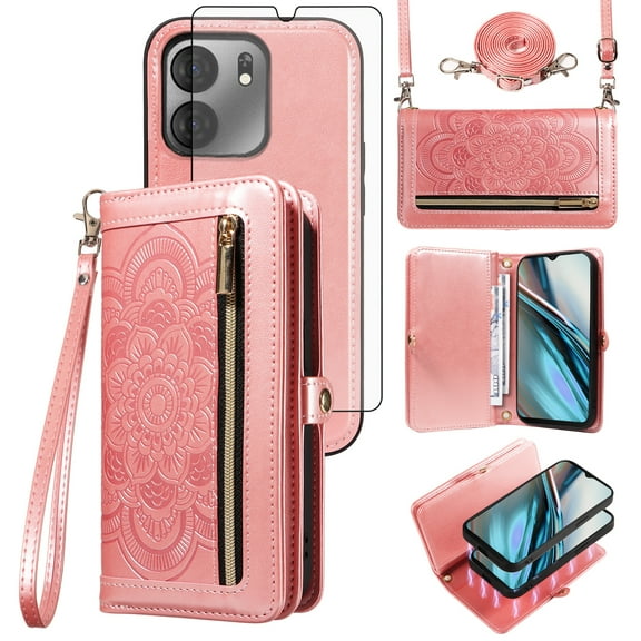 Asuwish Phone Case for Tracfone BLU View 5 B160V Zipper Wallet Detachable Cell Cover with Tempered Glass Screen Protector Strap Flower Flip Card Holder Trac Fone BLUE View5 160V 2024 Women Rose Gold