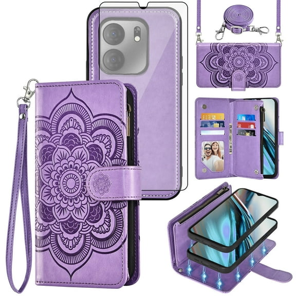 Asuwish Phone Case for Tracfone BLU View 5 B160V Zipper Wallet Magnetic Detachable Cell Cover with Tempered Glass Screen Protector Crossbody Strap Flower Card Holder Slot Trac Fone BLUE View5 Purple
