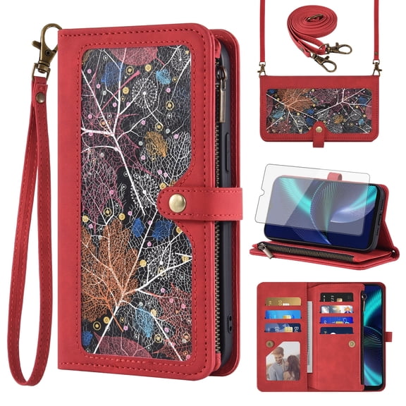 Asuwish Phone Case for Tracfone BLU View Speed 5G Wallet Cover With Tempered Glass Screen Protector Crossbody Wrist Strap Flip Pattern Zipper Credit Card Holder Cell BLUE ViewSpeed B1550VL Women Red