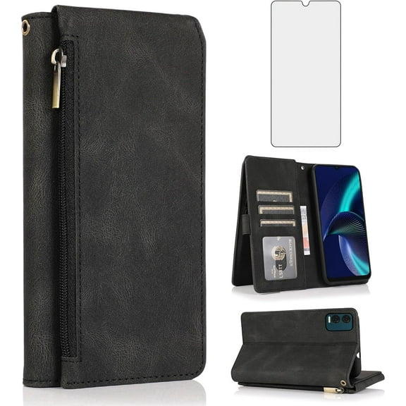 Asuwish Phone Case for Tracfone BLU View Speed 5G Wallet Mobile Accessories Cell Cover with Tempered Glass Screen Protector Flip Zipper Stand Card Holder Slot BLUE ViewSpeed B1550VL Women Men Black