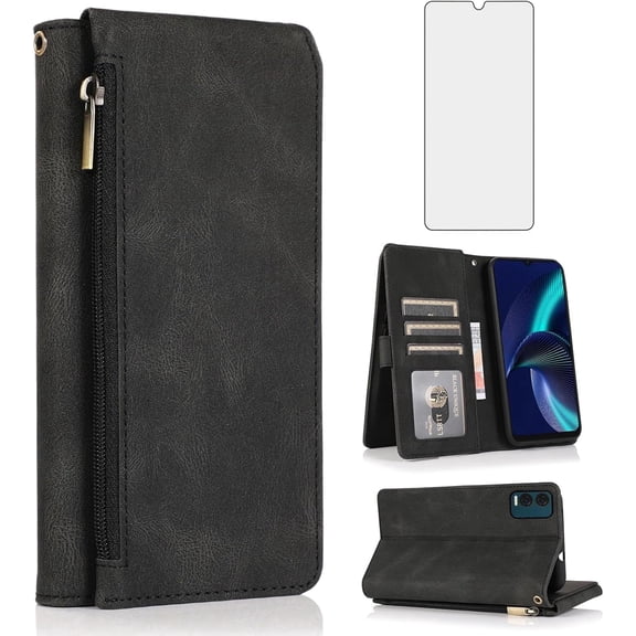 Asuwish Wallet Kickstand Hard Shell Cell Phone Case with Tempered Glass Screen Protector for Blu View speed 5G, Black