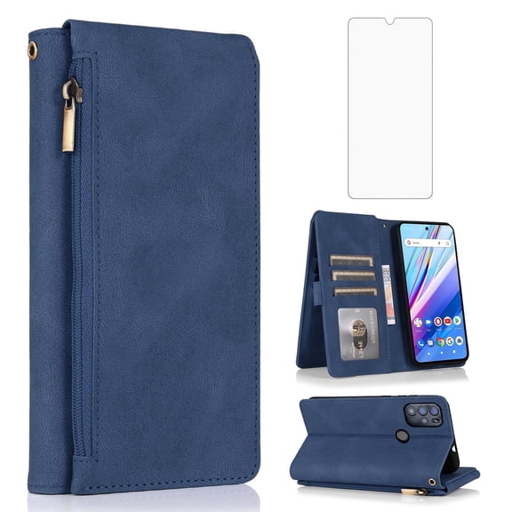 Asuwish Wallet Kickstand Hard Shell Cell Phone Case with Tempered Glass Screen Protector for BLU G91 Pro, Blue