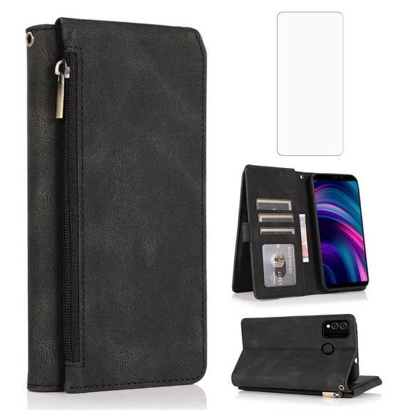 Asuwish Wallet Kickstand Hard Shell Cell Phone Case with Tempered Glass Screen Protector for BLU J9L, Black