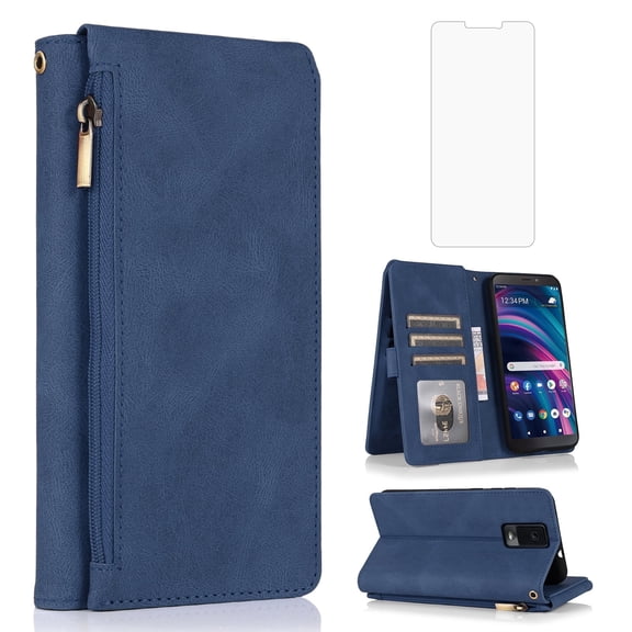Asuwish Wallet Kickstand Hard Shell Cell Phone Case with Tempered Glass Screen Protector for BLU View 3 B140DL, Blue