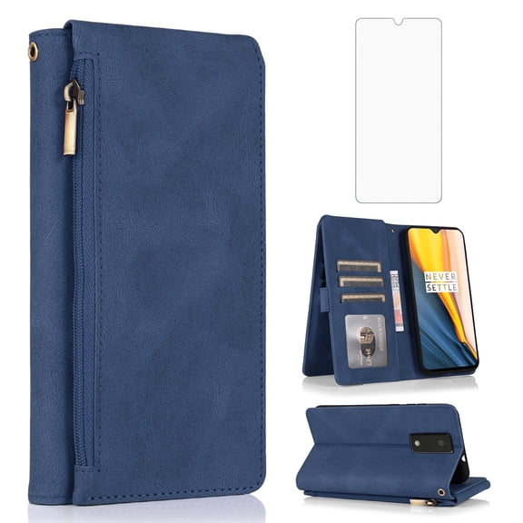Asuwish Wallet Kickstand Hard Shell Cell Phone Case with Tempered Glass Screen Protector for BLU View 4 / View 2 2023 B135DL, Blue