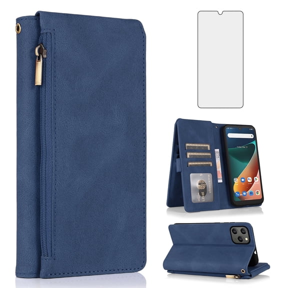 Asuwish Wallet Kickstand Hard Shell Cell Phone Case with Tempered Glass Screen Protector for Blackview BV5300, Blue